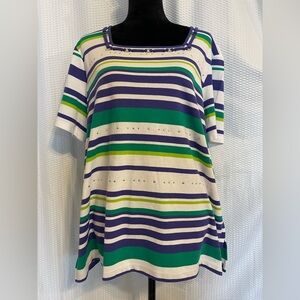 Alfred Dinner Short Sleeve Purple & Green Striped Short Sleeve Blouse Size XL